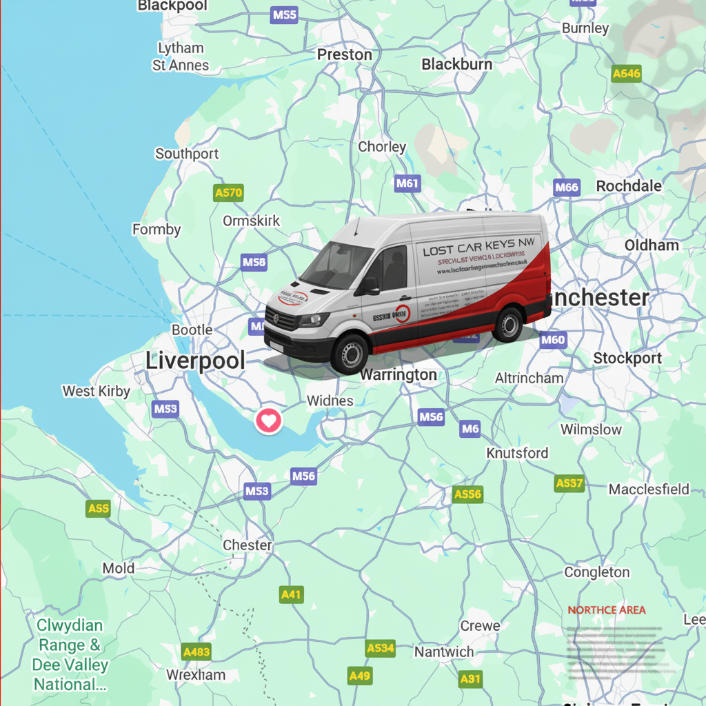 Service areas map for Cheshire, Manchester, Merseyside, Derbyshire and Staffordshire